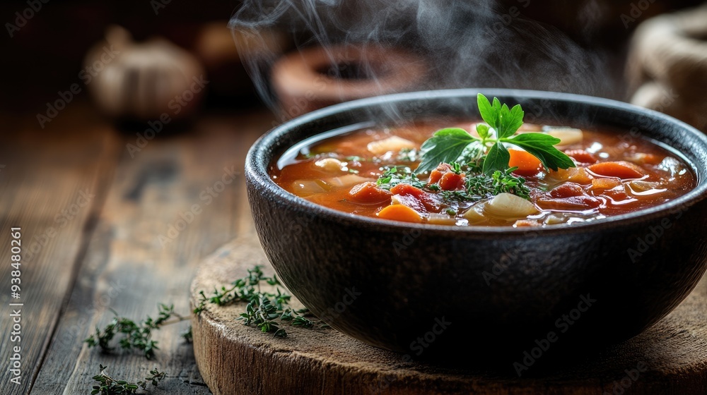 Poster a steaming bowl of hearty soup with a sprig of fresh herbs on top, placed on a rustic table with amp