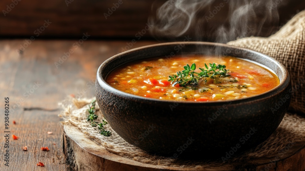 Poster a steaming bowl of hearty soup with a sprig of fresh herbs on top, placed on a rustic table with amp
