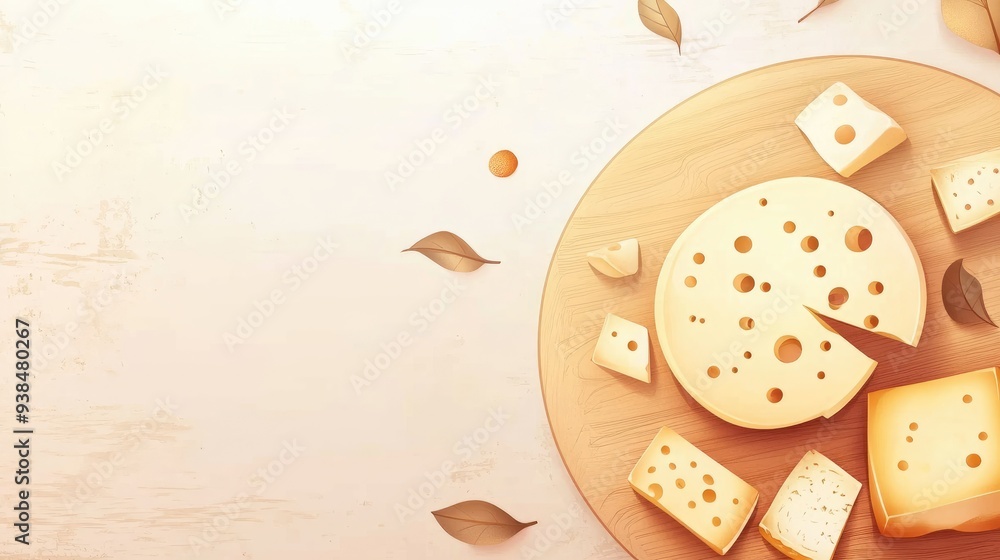 Poster a stylish vector of a cheese platter with decorative elements, placed on a clean background with amp