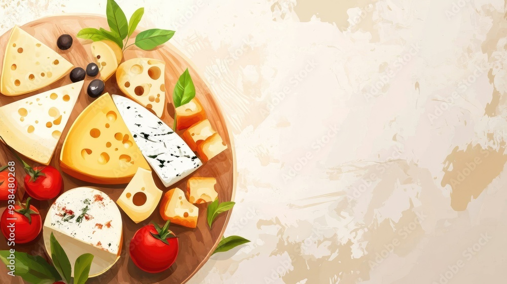 Aufkleber a stylish vector of a cheese platter with decorative elements, placed on a clean background with amp