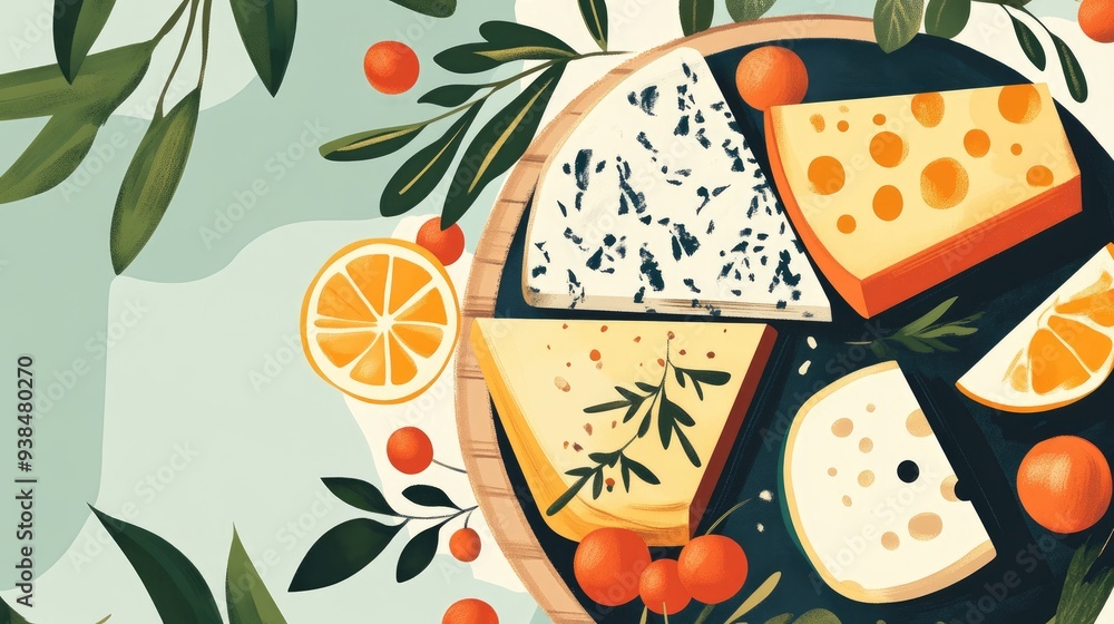 Poster a stylish vector of a cheese platter with decorative elements, placed on a clean background with amp