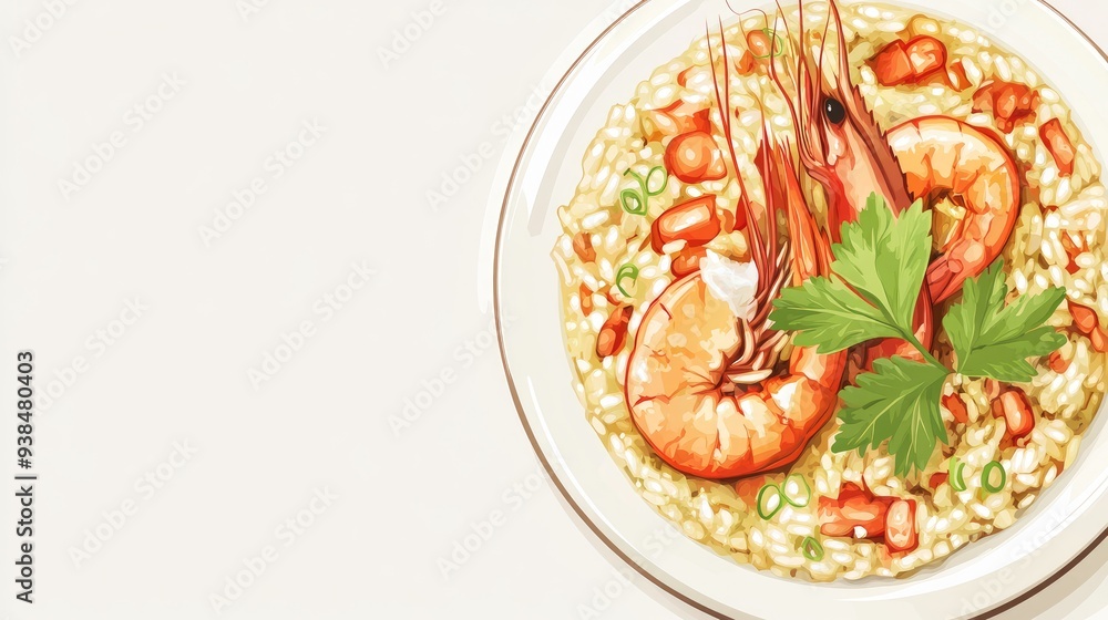 Poster a stylish vector of a seafood risotto plate with a garnish, set against a plain background with ampl