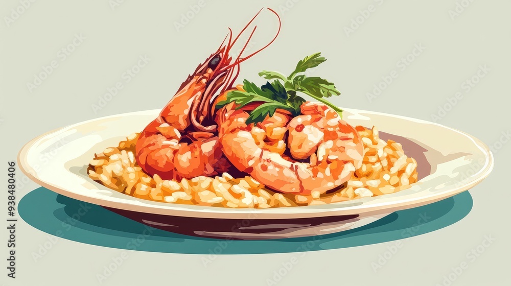 Poster a stylish vector of a seafood risotto plate with a garnish, set against a plain background with ampl