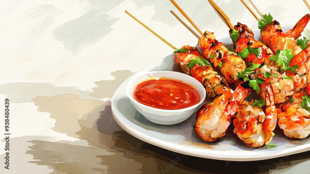 Poster a stylish vector of a seafood skewers dish with a side of dipping sauce, on a clean background with 