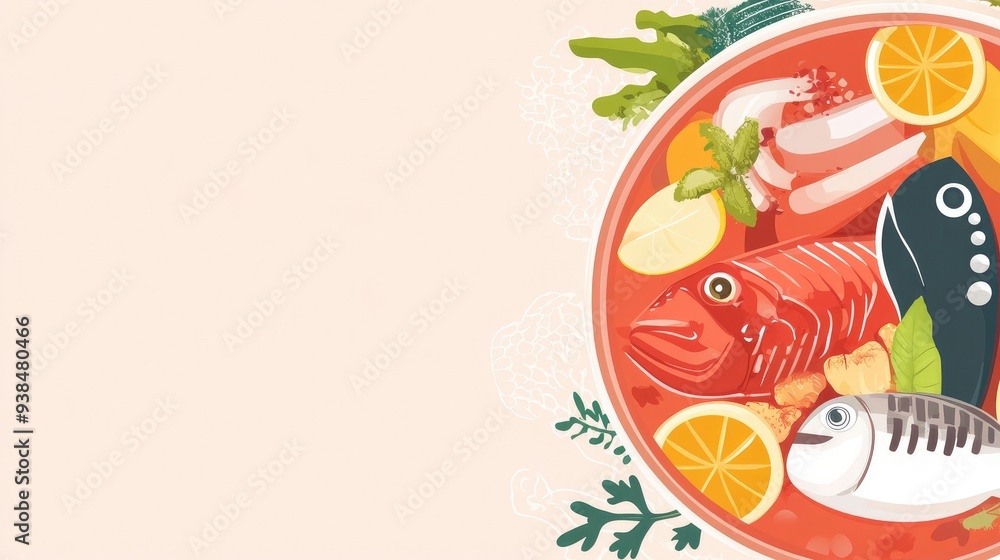 Poster a stylish vector of a seafood soup with fish and vegetables, placed on a plain background with ample