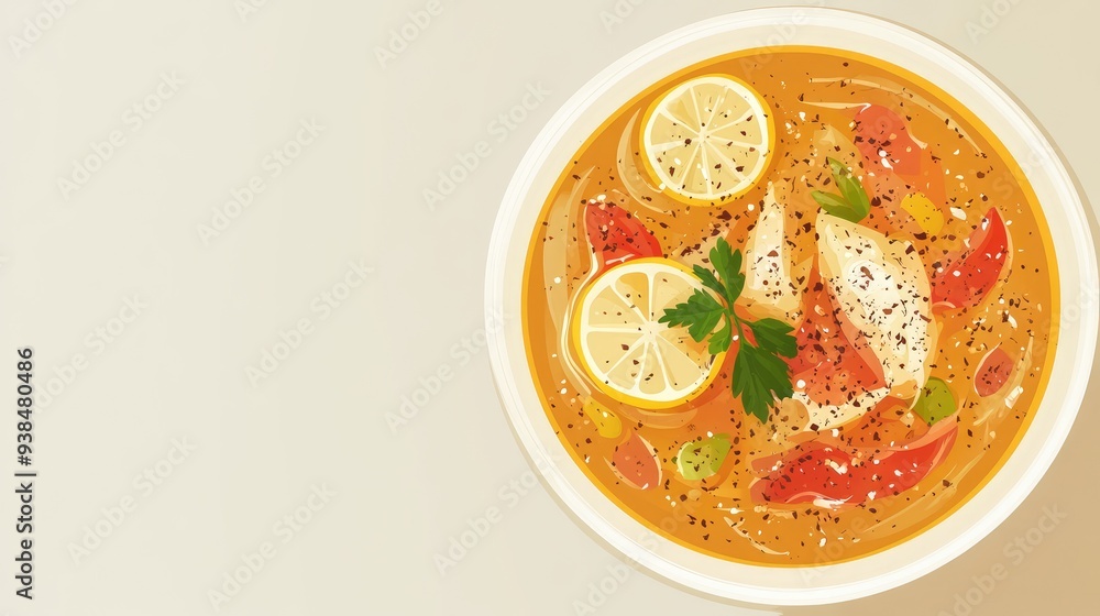 Poster a stylish vector of a seafood soup with fish and vegetables, placed on a plain background with ample