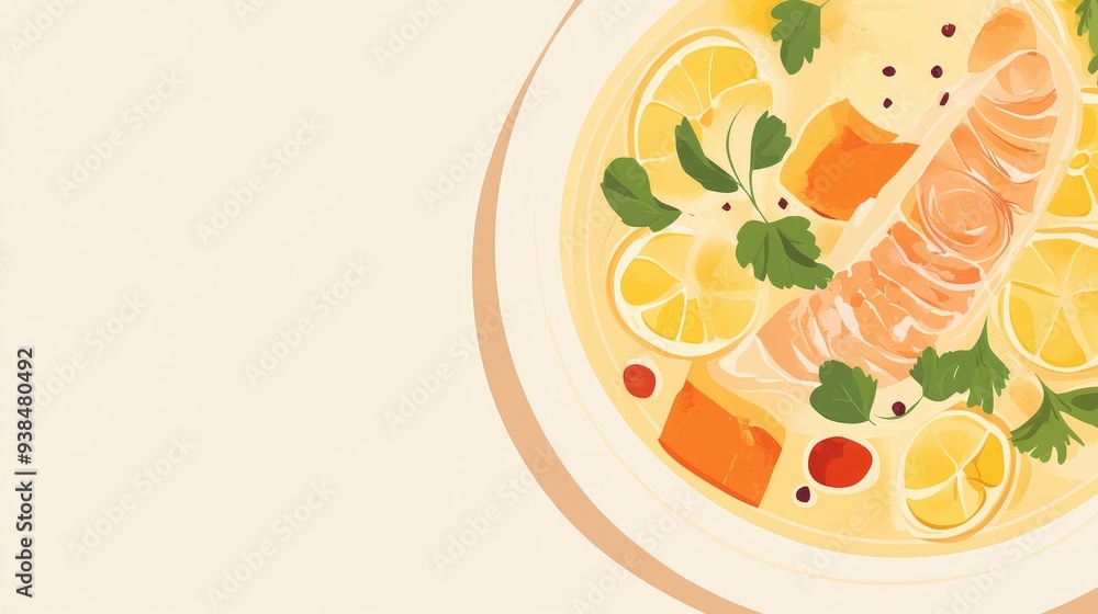 Poster a stylish vector of a seafood soup with fish and vegetables, placed on a plain background with ample