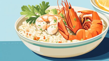 A stylish vector of a seafood risotto with seafood and vegetables, on a clean background with ample space for text.