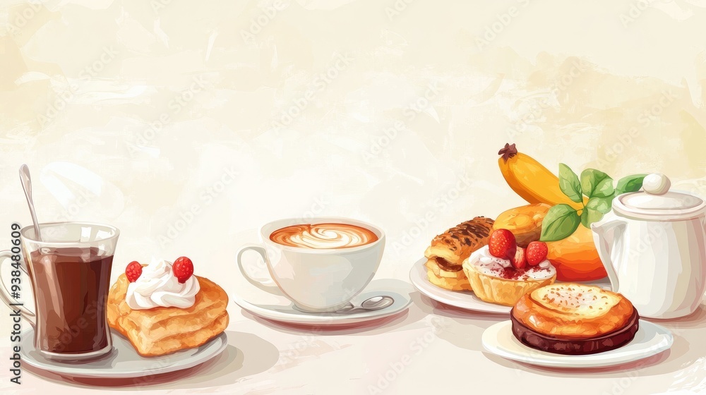 Poster a vector of a cafe menu featuring breakfast items, set against a light background with space for cop