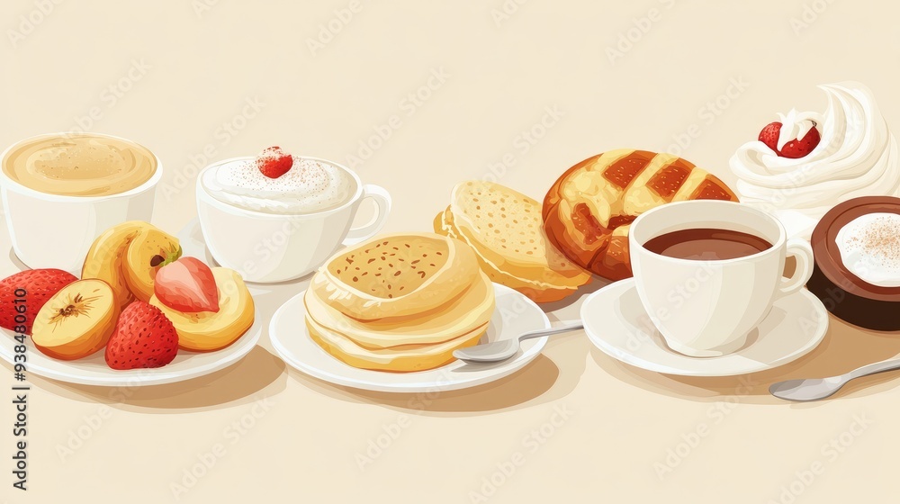 Poster a vector of a cafe menu featuring breakfast items, set against a light background with space for cop