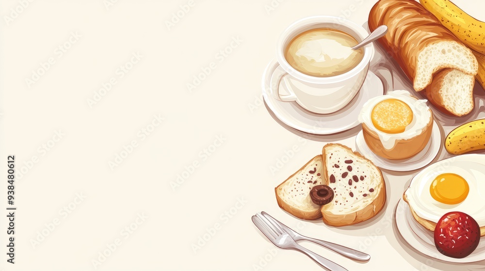 Poster a vector of a cafe menu featuring breakfast items, set against a light background with space for cop