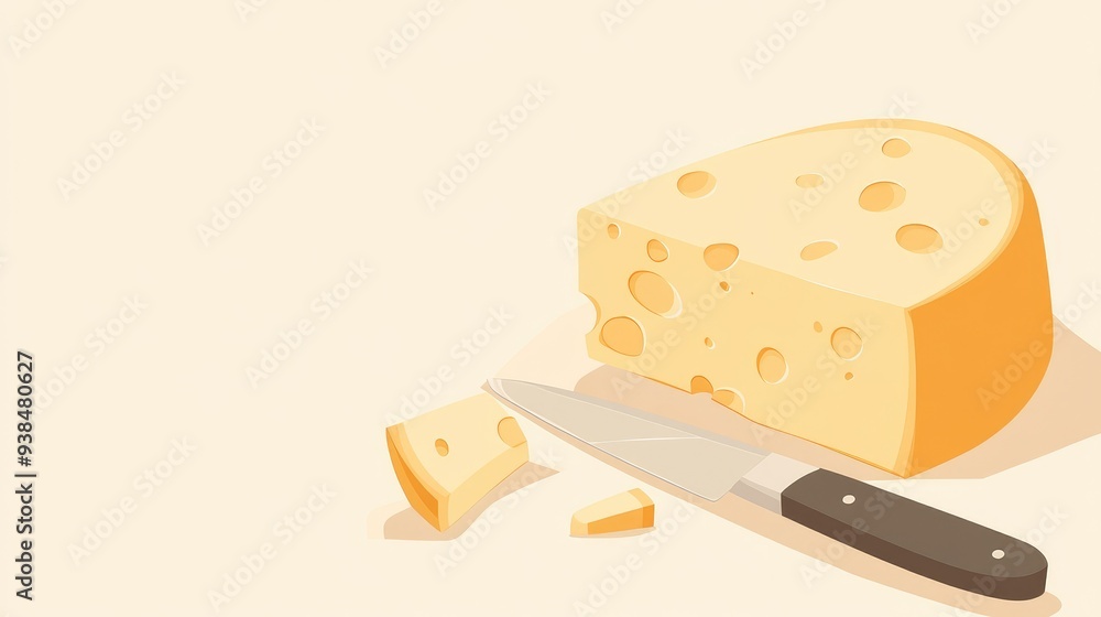 Aufkleber a vector of a cheese block with a cheese knife, set against a light background with ample copy space