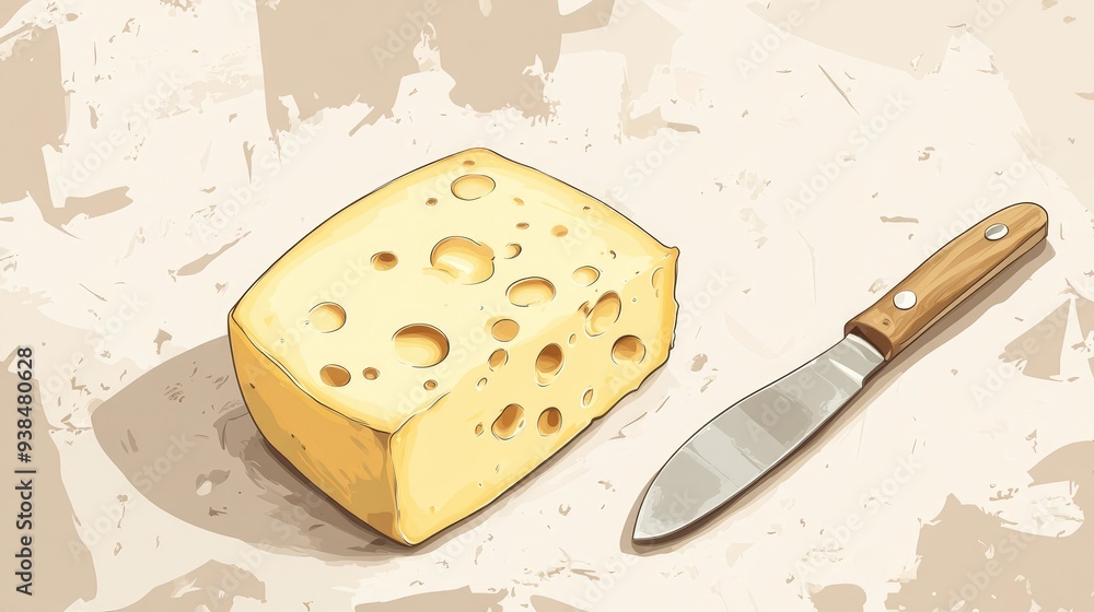 Poster a vector of a cheese block with a cheese knife, set against a light background with ample copy space