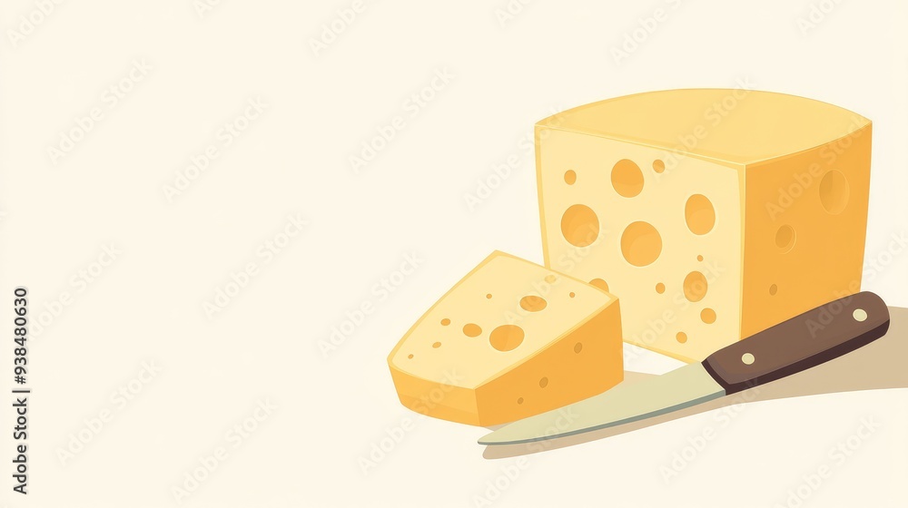 Poster a vector of a cheese block with a cheese knife, set against a light background with ample copy space