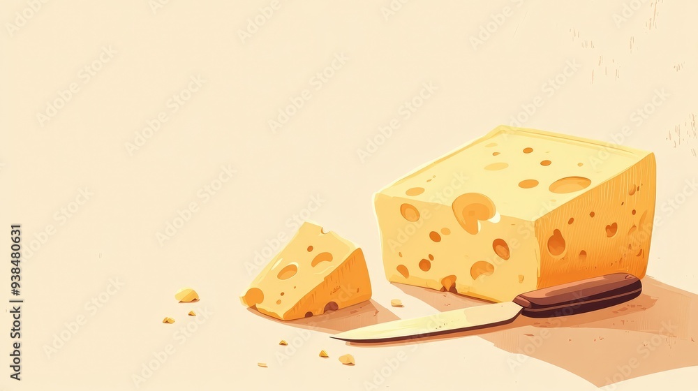 Poster a vector of a cheese block with a cheese knife, set against a light background with ample copy space