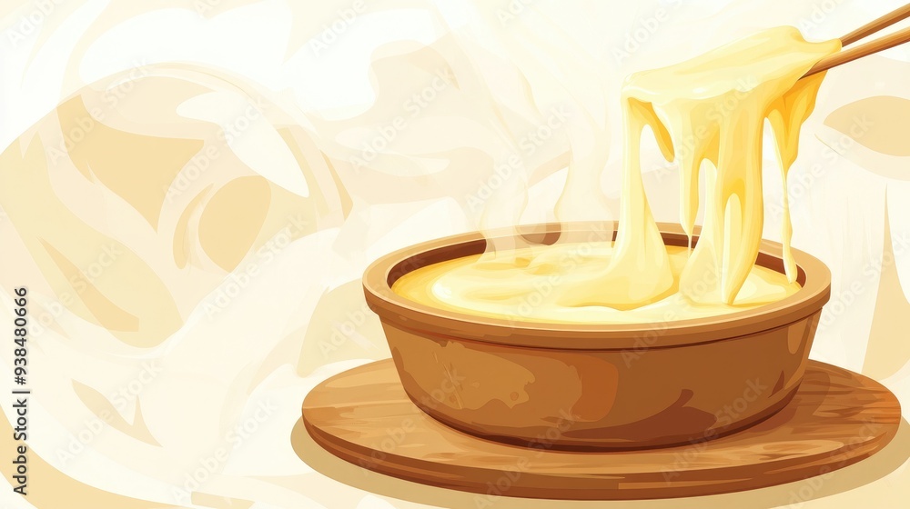 Poster a vector of a cheese fondue set with cheese melting, placed on a clean background with space for tex