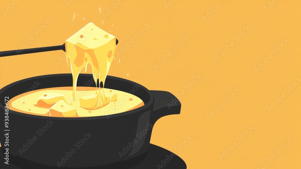 Poster a vector of a cheese fondue set with cheese melting, placed on a clean background with space for tex