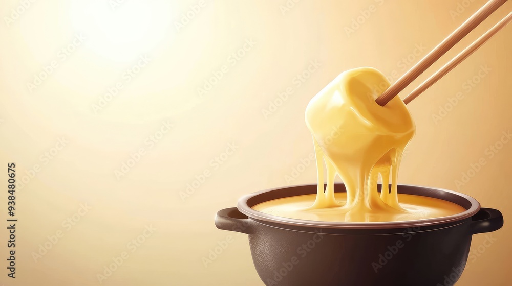 Poster a vector of a cheese fondue set with cheese melting, placed on a clean background with space for tex