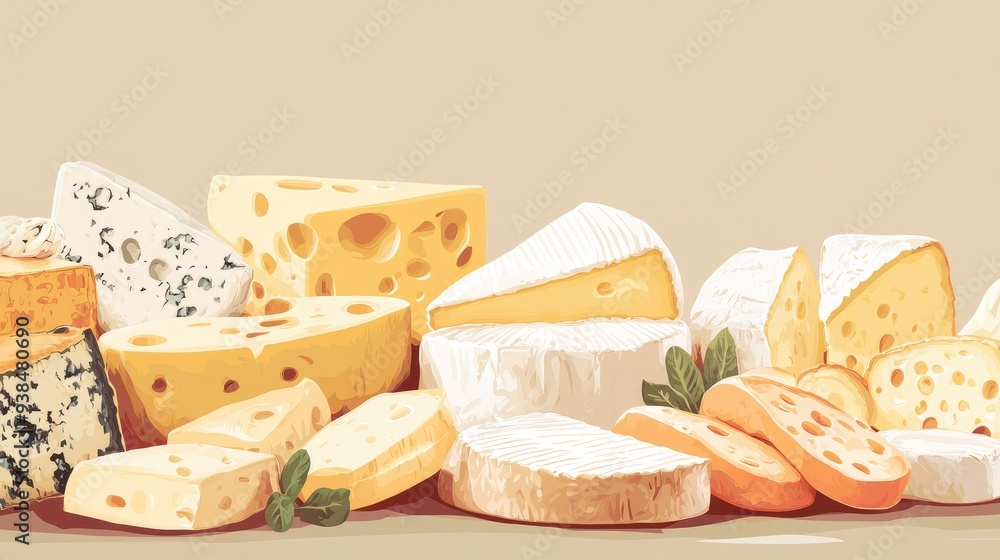 Poster a vector of a cheese selection with different textures and shapes, set against a neutral background 