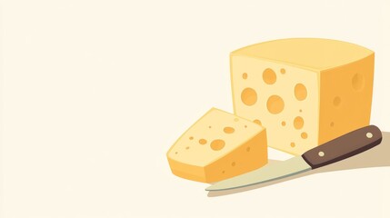 A vector of a cheese block with a cheese knife, set against a light background with ample copy space.