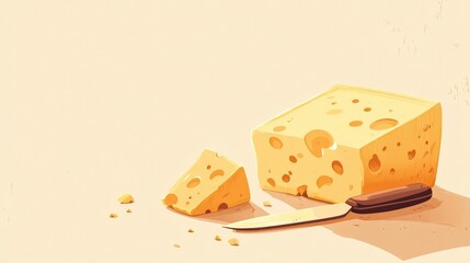 A vector of a cheese block with a cheese knife, set against a light background with ample copy space.