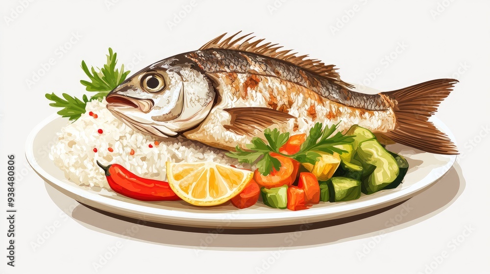 Poster a vector of a fish dish with a side of rice and vegetables, placed on a light background with ample 