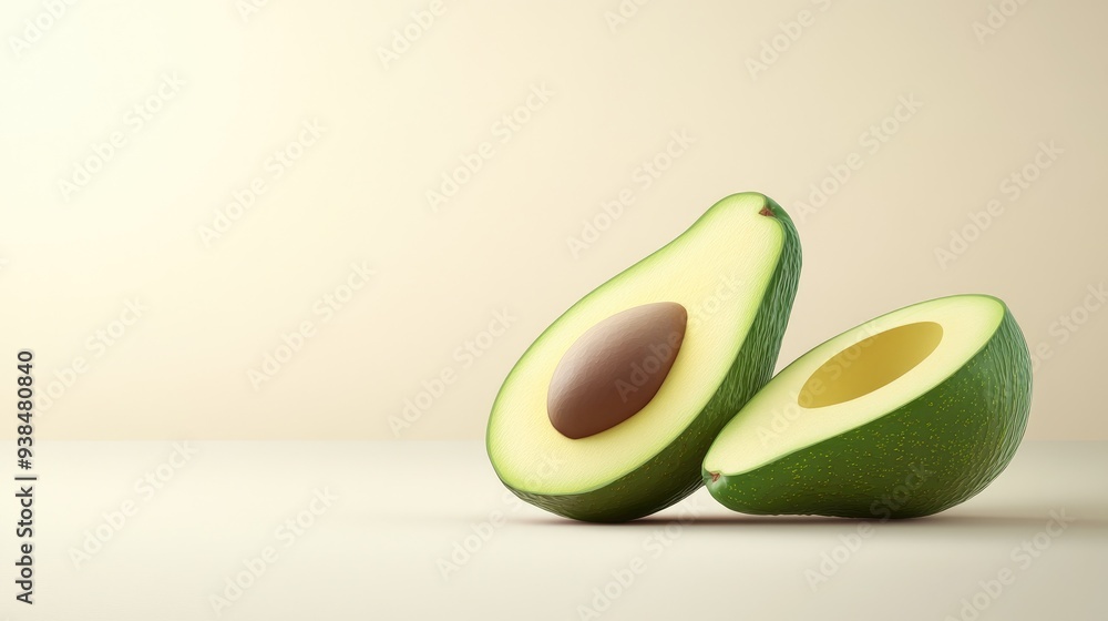 Poster a vector of a fresh avocado sliced in half, set against a light background with ample room for text 