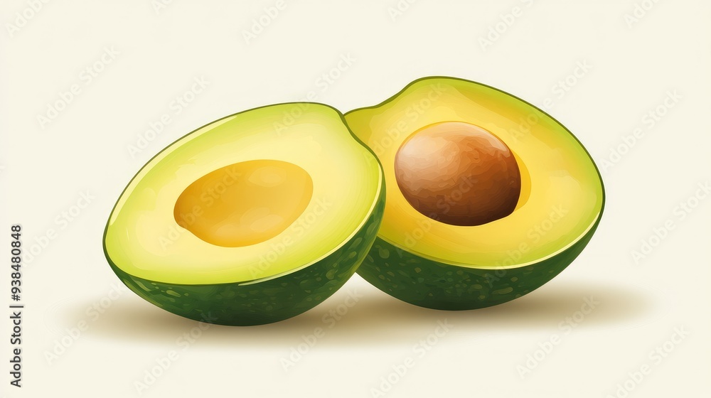 Aufkleber a vector of a fresh avocado sliced in half, set against a light background with ample room for text 