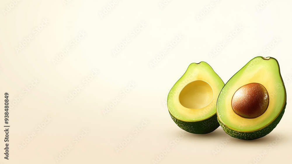 Aufkleber a vector of a fresh avocado sliced in half, set against a light background with ample room for text 