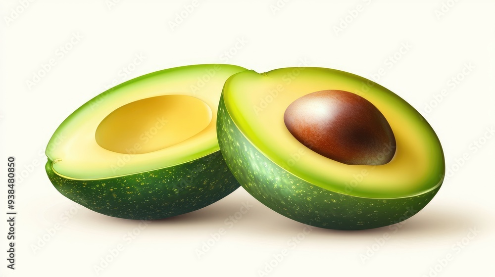 Poster a vector of a fresh avocado sliced in half, set against a light background with ample room for text 