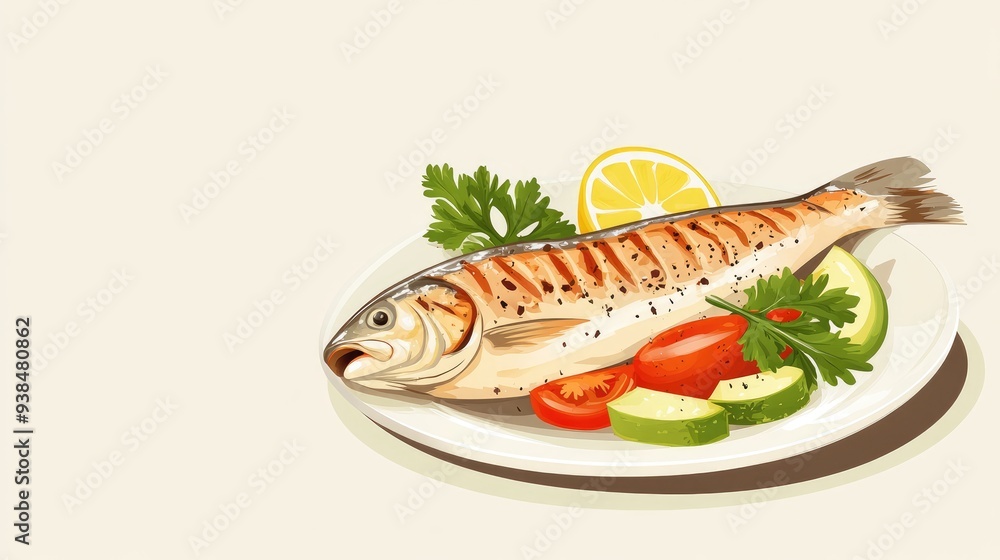 Poster a vector of a grilled fish fillet with vegetables, placed on a simple background with space for text