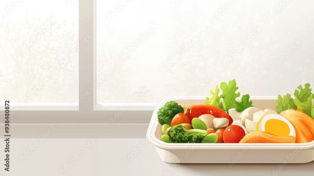 Poster a vector of a healthy meal prep container with balanced portions, set against a light background wit