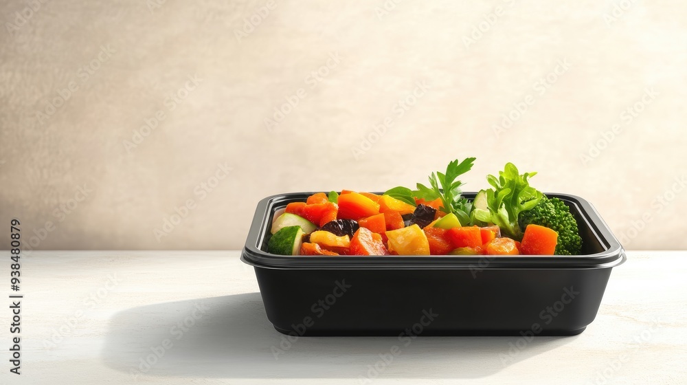 Aufkleber a vector of a healthy meal prep container with balanced portions, set against a light background wit