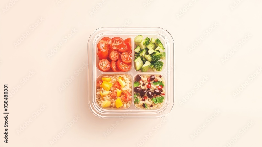 Aufkleber a vector of a healthy meal prep container with balanced portions, set against a light background wit