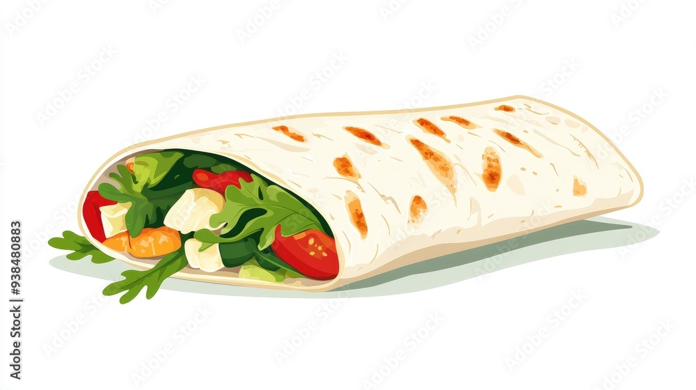 Poster a vector of a nutritious wrap with fresh greens and protein, placed on a clean background with ample