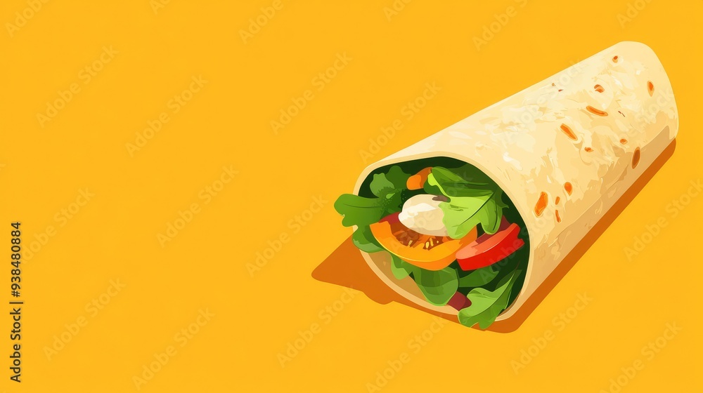 Poster a vector of a nutritious wrap with fresh greens and protein, placed on a clean background with ample