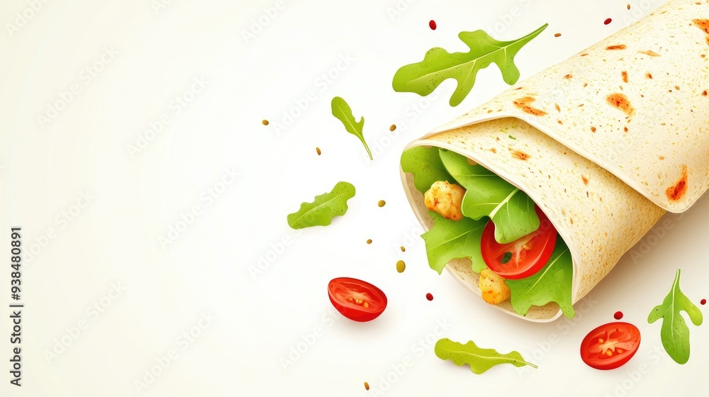 Poster a vector of a nutritious wrap with fresh greens and protein, placed on a clean background with ample
