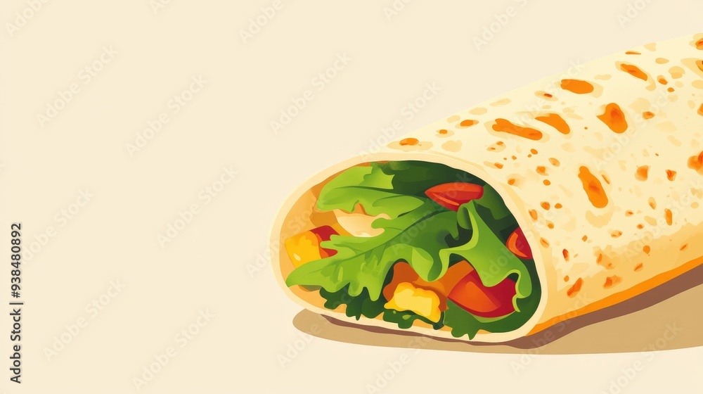 Poster a vector of a nutritious wrap with fresh greens and protein, placed on a clean background with ample