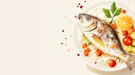 A vector of a fish dish with a side of rice and vegetables, placed on a light background with ample space for copy.