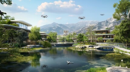 Futuristic modern homes with a pond and three drones in the sky and mountains in the background.