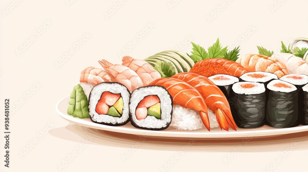 Poster a vector of a seafood sushi platter with various rolls, on a light background with room for text or 