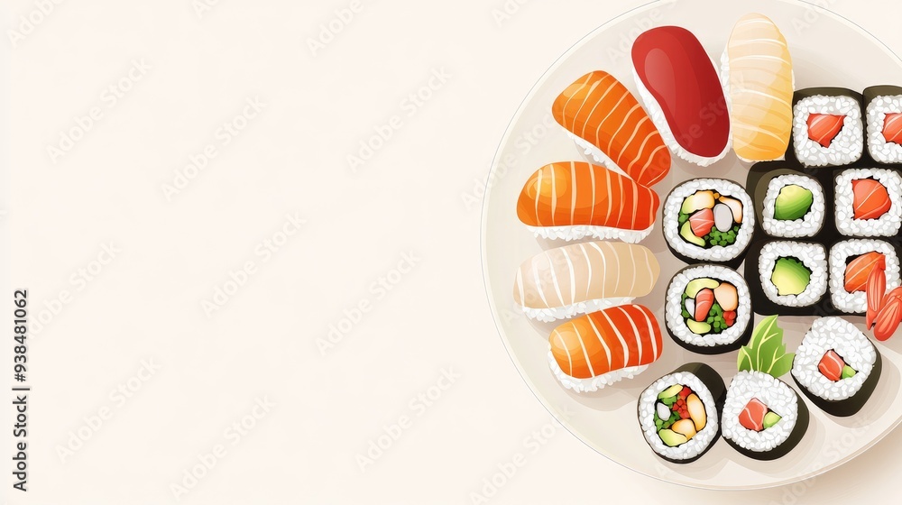 Poster a vector of a seafood sushi platter with various rolls, on a light background with room for text or 