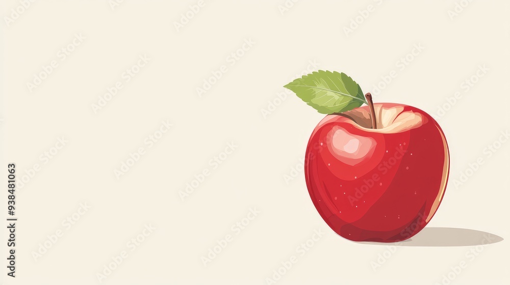 Poster a vector of a simple apple with a leaf, placed on a plain background with room for text or logos.