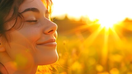 Fototapeta premium Sunlit Joy - Close-up Portrait of a Smiling Person Feeling the Warmth of the Sun, Everyday Bliss Concept