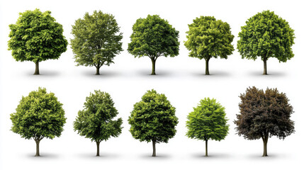 Obraz premium Variety of isolated trees on white background, showcasing different shapes and shades of green.