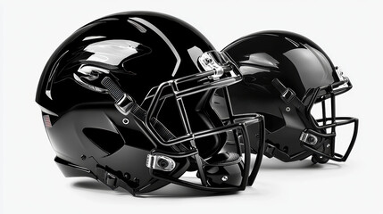 Fototapeta premium Two glossy black football helmets facing each other, symbolizing competition and readiness.