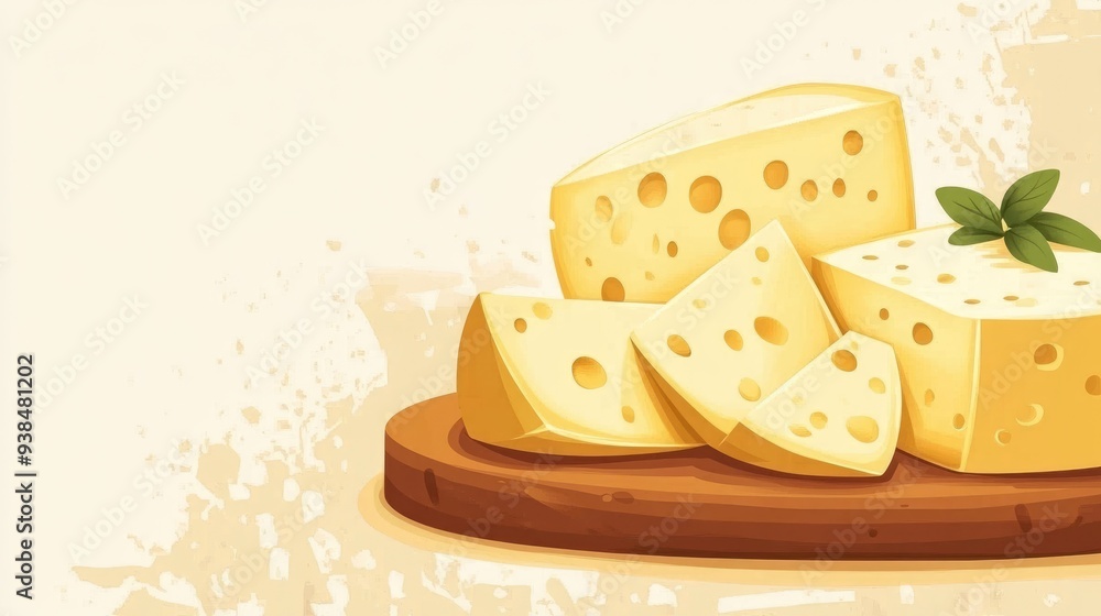 Poster a vector of cheese wedges with a rustic cheese board, set against a light background with space for 