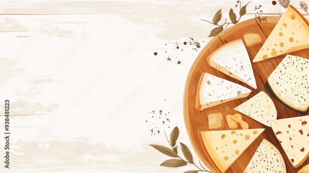 Poster a vector of cheese wedges with a rustic cheese board, set against a light background with space for 