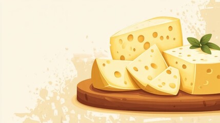 A vector of cheese wedges with a rustic cheese board, set against a light background with space for text.