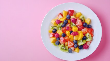 A vibrant fruit salad in a fun pattern on a white plate, with space for text or branding.